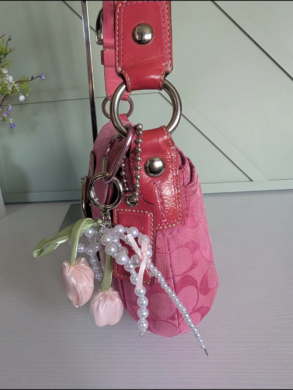 Coach Pink Signature Shoulder Bag with Buckle and Charm